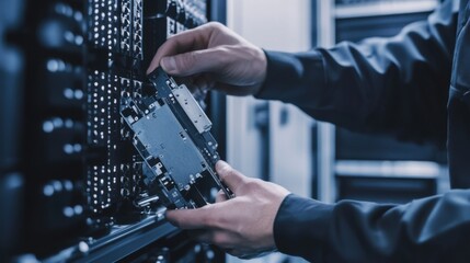 Wall Mural - a technician replacing a hard drive in a server, visible server components and hdd connectors, clean