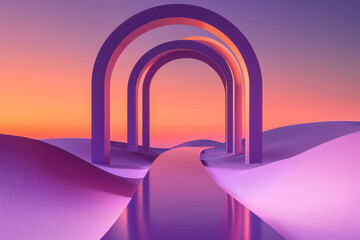 Fototapete - a purple arch in the desert with a sunset in the background