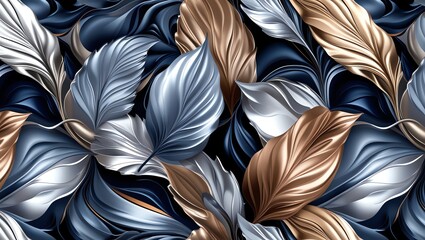 Wall Mural - elegant abstract metallic leaves in navy, silver, and gold