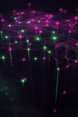 Poster - a dark background with many green and pink lights