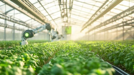 Wall Mural - an automated smart greenhouse, farm with robotic arms and sensors controlling plant care, agri-tech 