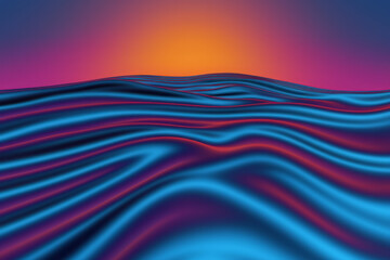 Fototapete - a blue wave with a bright orange sun in the background