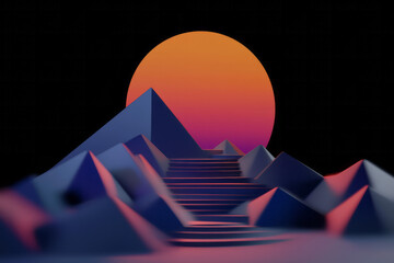 Poster - a 3d illustration of a mountain with a sunset
