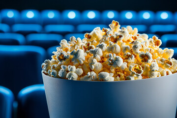 A dynamic close-up of an overflowing bowl of rainbow-colored popcorn in warm, theatrical lighting,