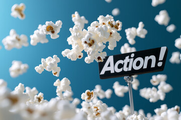 A side angle capturing a bright swirl of deeply tinted popcorn leading to the stark black and white