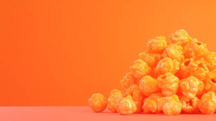 A close-up of caramel-coated popcorn piled high on a stark, red tabletop, the warm tones shimmering