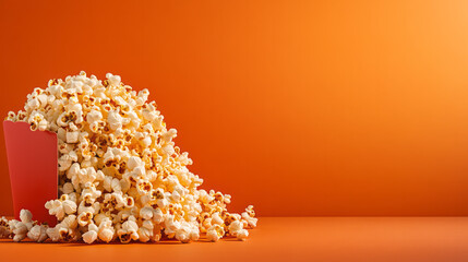 A close-up of caramel-coated popcorn piled high on a stark, red tabletop, the warm tones shimmering