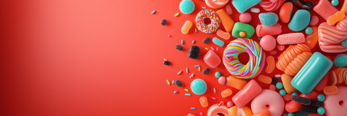 A lively collage of various snack icons--like miniature donuts, bright candy squares, and neon