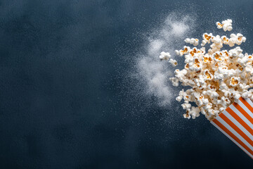 A styled overhead approach: the clapperâ€™s bold stripes and a scattering of buttered popcorn, both