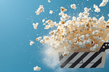 A cinematic perspective with the clapper leaning upright, popcorn pieces tumbling forward under a