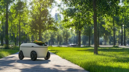 Wall Mural - an autonomous food delivery robot, urban park with robot delivering meals, logistics tech style