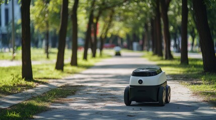 Wall Mural - an autonomous food delivery robot, urban park with robot delivering meals, logistics tech style