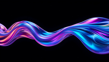 Wall Mural - close up, abstract fluid 3d render with a black background and holographic, iridescent neon curved w