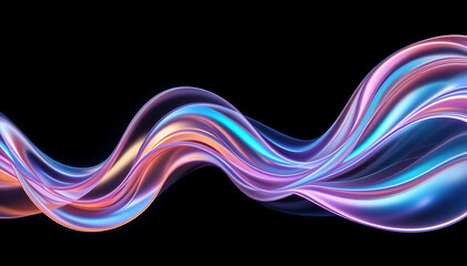 Wall Mural - close up, abstract fluid 3d render with a black background and holographic, iridescent neon curved w