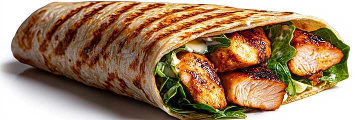 A crisp, detailed close-up showing the textures of smoky grilled chicken and fresh salad leaves