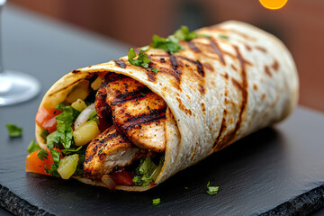 An editorial-style shot of a grilled chicken wrap filled with vibrant salad, elegantly presented on