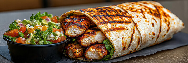 A vibrant culinary scene where a grilled chicken wrap and a side salad are artfully arranged on a