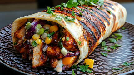 A creative overhead food composition featuring a gourmet grilled chicken wrap bursting with