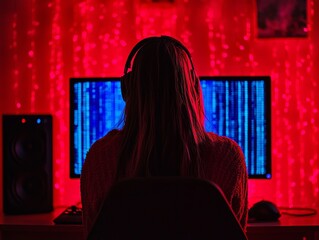 back of person gaming with headphones in a red and blue lit room
