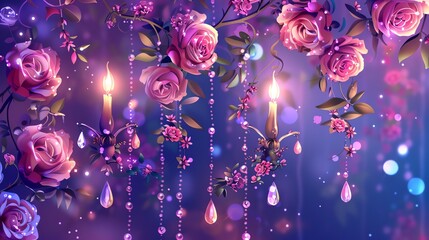 Wall Mural - a digital illustration of a magical, fairytale scene with roses, candles, and sparkling lights.