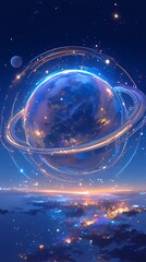 Wall Mural - Vast universe blue curve and glowing asteroid illustration poster background
