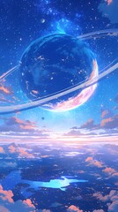 Wall Mural - Vast universe blue curve and glowing asteroid illustration poster background