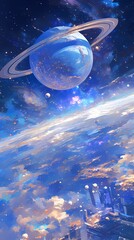 Wall Mural - Vast universe blue curve and glowing asteroid illustration poster background