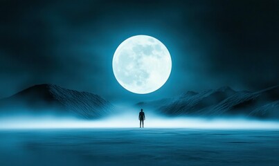Wall Mural - a lone figure gazes at the luminous full moon in a misty mountain landscape at night.