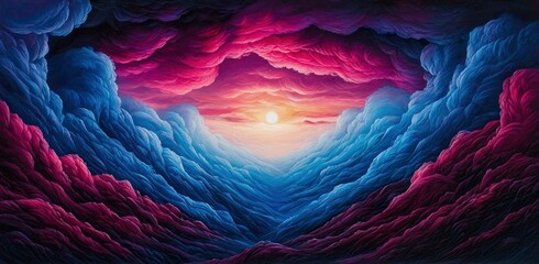 Wall Mural - dramatic clouds unveil a vibrant sunset, painting the sky with hues of blue, red, and pink in a drea