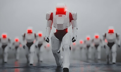 A line of white robots with red lights marches forward in a foggy setting.  The lead robot is in focus