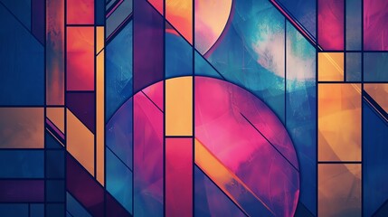Wall Mural - an abstract pattern of squares and circles in shades of blue, pink, orange, and purple.