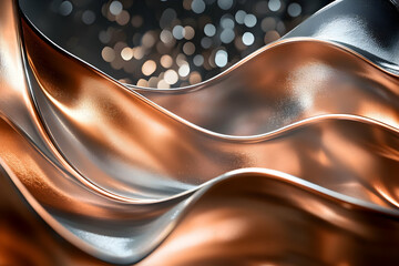 Wall Mural - A photorealistic image of copper and rose gold waves with silver reflections, against an abstract dark background with bokeh lights.