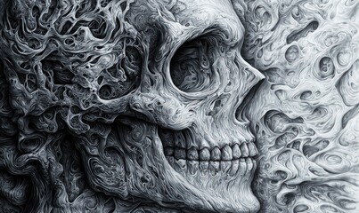 Wall Mural - detailed monochromatic skull artwork with intricate, organic patterns creating a surreal and gothic 