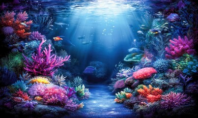 Wall Mural - a vibrant coral reef teeming with colorful fish, illuminated by sunlight filtering through clear blu