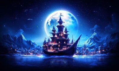 Wall Mural - a majestic castle ship sails under the bright moonlight and starry night, set against a snowy mounta