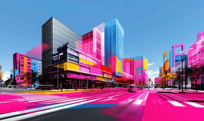 Wall Mural - vibrant cityscape with colorful abstract buildings creates a modern, dynamic urban scene.