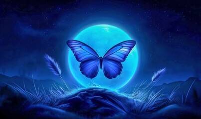 Wall Mural - a radiant blue butterfly rests beneath a luminous moon, creating a magical nocturnal landscape.