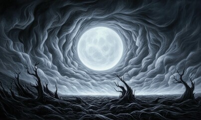 Wall Mural - a full moon glows through a dark, swirling sky above a desolate landscape with bare trees.