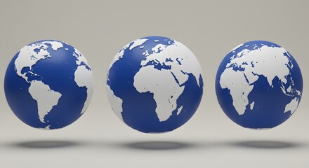 three rotating earth globes on gray background for global concepts