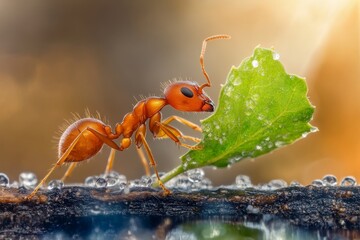 Wall Mural - A close-up of an ant carrying a leaf, with its intricate body and legs in sharp detail
