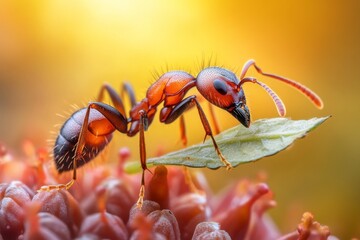 Wall Mural - A close-up of an ant carrying a leaf, with its intricate body and legs in sharp detail