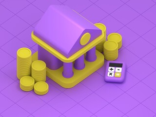 Wall Mural - Financial Institution Illustration: A stylized illustration of a financial institution with stacks of coins and a calculator on a grid background, symbolizing banking, finance, and economic concepts.
