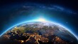 © Hadjnaas - Panoramic view on planet Earth globe from space. Glowing city lights, light clouds