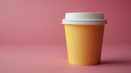 Aufkleber - A vibrant yellow coffee cup is positioned on a soft pink surface, showcasing a simple yet attractive design. The lighting enhances the colors, creating a cheerful mood.
