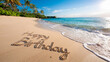 © PhotoArtHub - Happy Birthday message written in sand on a tropical beach, with ocean waves and palm trees in the background, conveying a celebratory and relaxing atmosphere