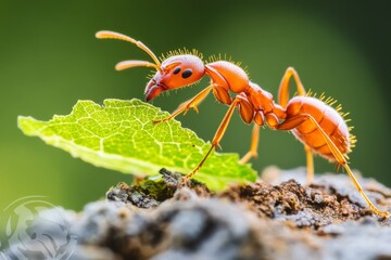 Wall Mural - A close-up of an ant carrying a leaf, with its intricate body and legs in sharp detail