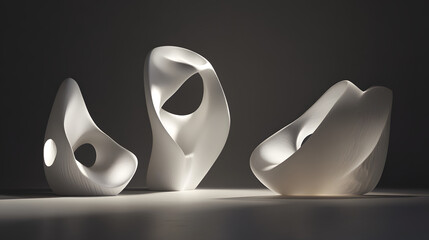 Wall Mural - three distinctive white sculptures displayed on a black background showcasing artistic design and cr