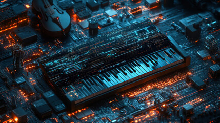 ALGORITHMS AND BLUES Electronic Harmony. A digital keyboard and violin rest on a complex computer motherboard in this conceptual image representing the intersection of technology and music.