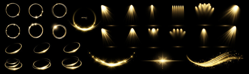 Wall Mural - Glowing golden spiral. The effect of high-speed abstract lines. Rotating shiny rings. Glowing circular lines. Glowing ring trail. Spotlight.