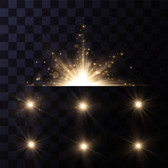 Wall Mural - the effect of a bright golden flash of light on a transparent background with rays and glare. light 